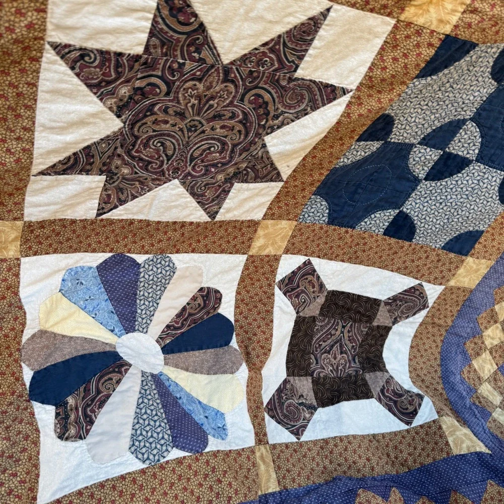 Vintage Patchwork Sampler Quilt Blanket Blue Brown Cotton Star Paisley Americana